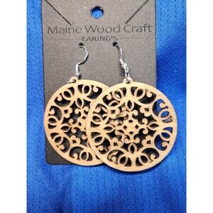 1 Pair Round Shaped Laser Cut Wooden Dangle Earrings Boho Style.
